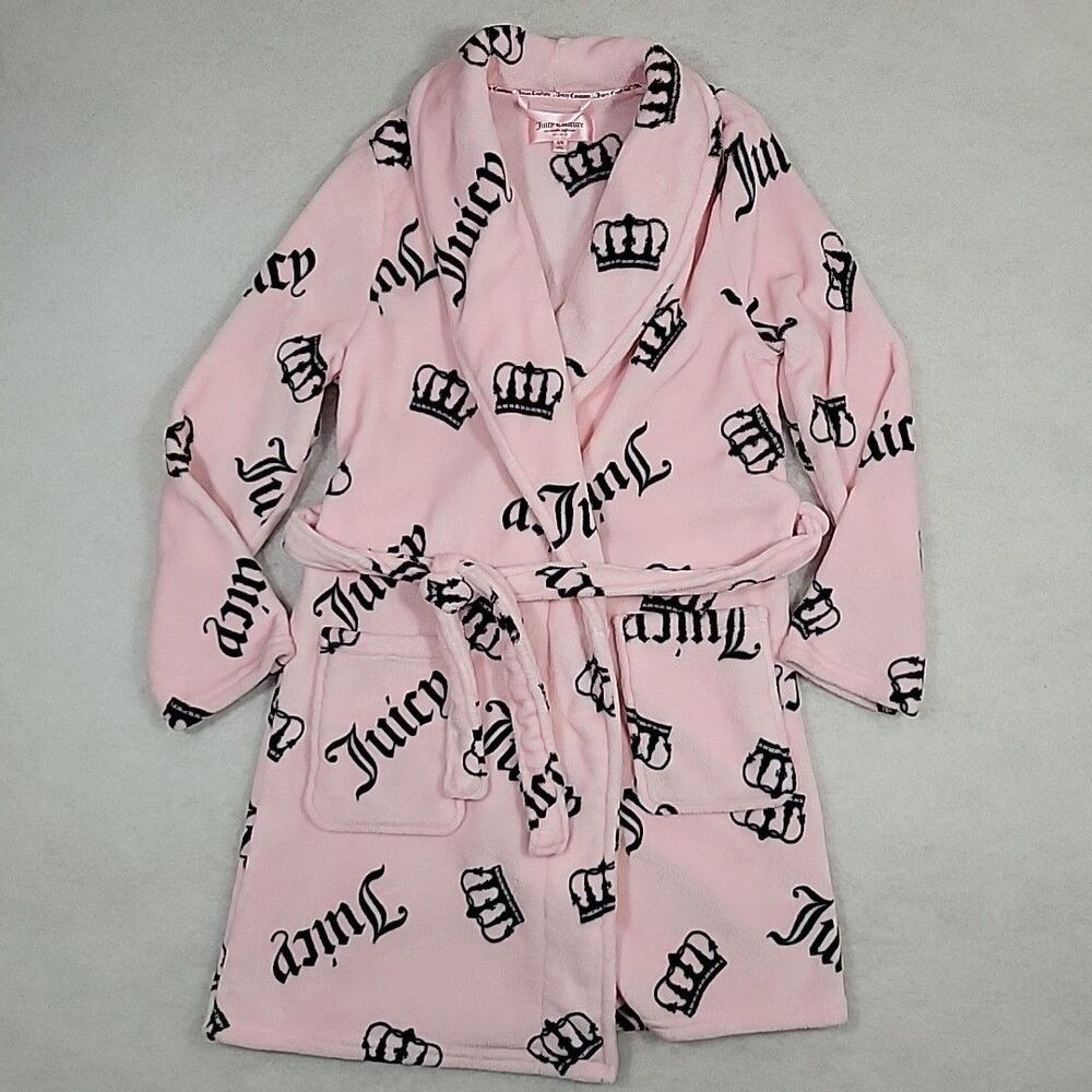 Juicy Couture Robe Small Medium Pink Gown Pockets Velour Y2K Logo Tie (3091)